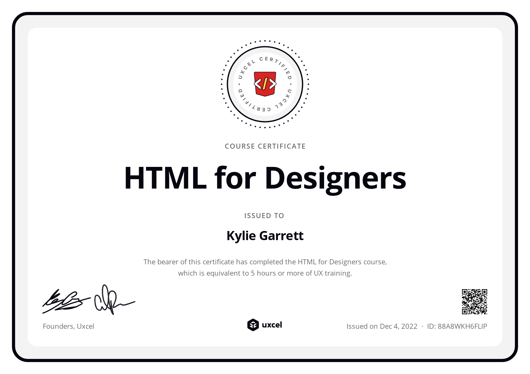 Kylie Garrett's certificate